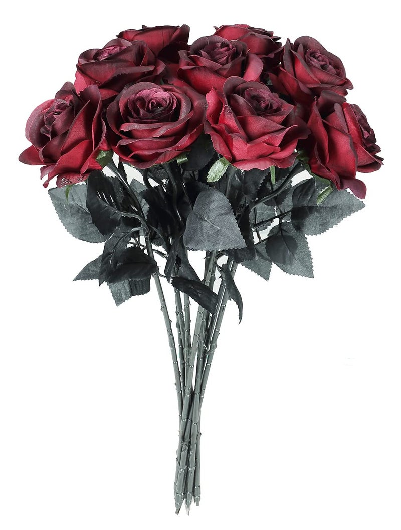 Gumolutin 10PCS Artificial Silk Rose Flower Bouquet Fake Vintage Roses with Long Stems for Wedding Party Home Funeral Decoration RedBlack