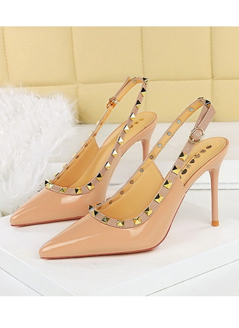 BIGTREE Women's Closed Pointed Toe Stiletto Pump Rivet Decoration High Heels Sandals With Ankle Straps Beige 9.5 CM  - Image 1