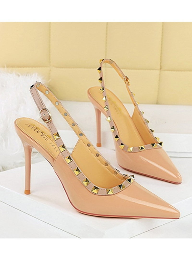 BIGTREE Women's Closed Pointed Toe Stiletto Pump Rivet Decoration High Heels Sandals With Ankle Straps Beige 9.5 CM  - Image 2