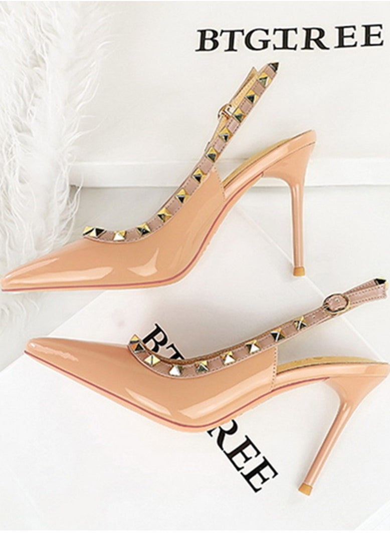 BIGTREE Women's Closed Pointed Toe Stiletto Pump Rivet Decoration High Heels Sandals With Ankle Straps Beige 9.5 CM  - Image 3
