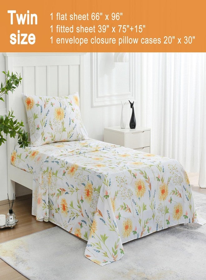 JSD Yellow Floral Printed Sheet Set Twin Size, 3 Piece Soft Botanical Microfiber Bedding Sheets Extra Deep Pocket - Image 2