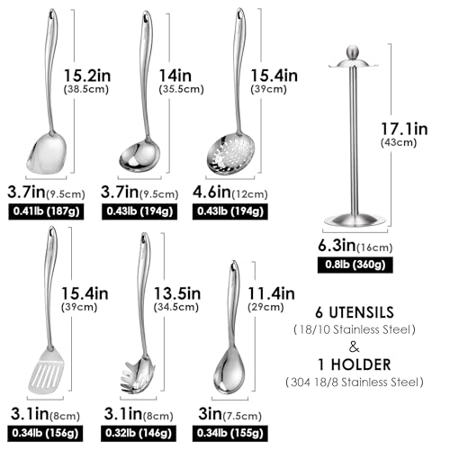 Standcn 1810 Stainless Steel Cooking Utensils Set with Holder 7Pieces All Metal Kitchen Utensils 15 Long Kitchen Tools with Countertop Rotating Stand Spatula Ladle Skimmer Tunner Pasta Large Spoon - Image 3