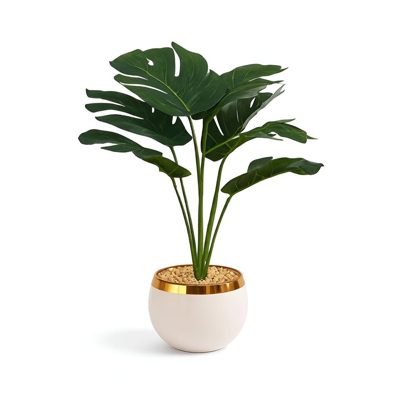 Ceramic Planter - A refined white ceramic planter housing lifelike monstera, tropical leaves, and easy maintenance, finished with pebble filler for stylish modern accents - Image 1