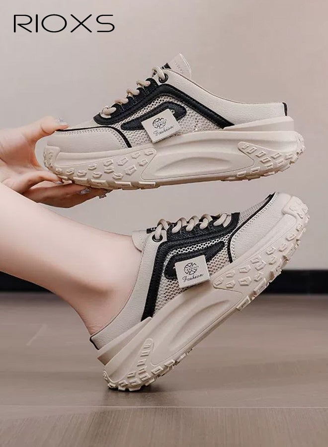 ريوكس حذاء رياضي نسائي بقاعدة مسطحة، حذاء مول نسائي عصري بنعل سميك 4.5 سم، حذاء كاجوال مريح من شبكة قابلة للتنفس، حذاء رياضي نسائي سميك، حذاء كلاسيكي برباط، حذاء غير قابل للانزلاق للمشي للتسوق/المواعدة/العمل/الارتداء اليومي - Image 1