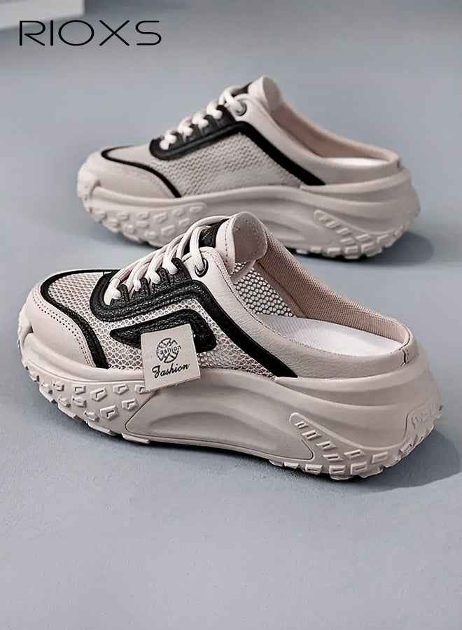 ريوكس حذاء رياضي نسائي بقاعدة مسطحة، حذاء مول نسائي عصري بنعل سميك 4.5 سم، حذاء كاجوال مريح من شبكة قابلة للتنفس، حذاء رياضي نسائي سميك، حذاء كلاسيكي برباط، حذاء غير قابل للانزلاق للمشي للتسوق/المواعدة/العمل/الارتداء اليومي - Image 2