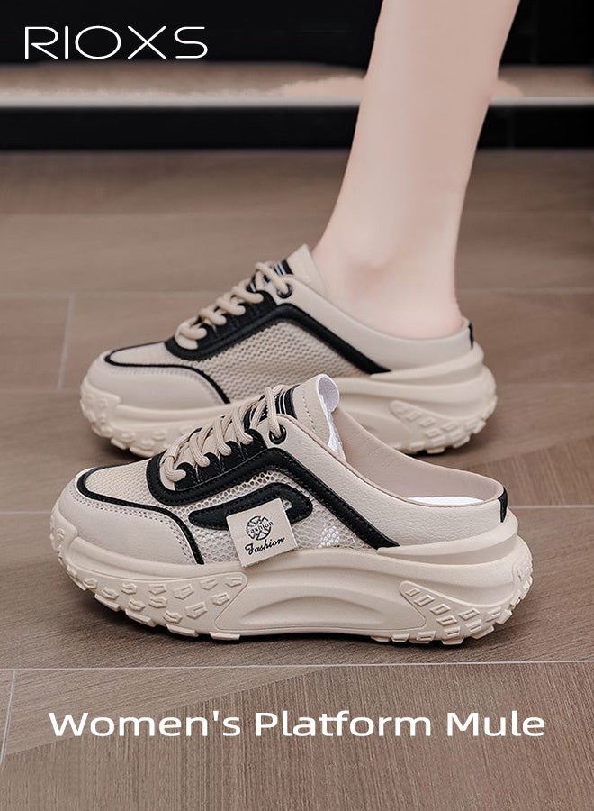 ريوكس حذاء رياضي نسائي بقاعدة مسطحة، حذاء مول نسائي عصري بنعل سميك 4.5 سم، حذاء كاجوال مريح من شبكة قابلة للتنفس، حذاء رياضي نسائي سميك، حذاء كلاسيكي برباط، حذاء غير قابل للانزلاق للمشي للتسوق/المواعدة/العمل/الارتداء اليومي - Image 3