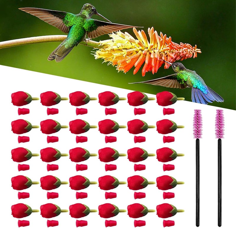 Flylin 30Pcs Hummingbird Feeders Replacement Flowers, Unique Pet Bird Feeder Replaceable Flowers Parts with 2 Cleaning Brush, Hummingbird Feeding Ports Bee Guards for Outdoor Hanging Feeders (Red) - Image 1