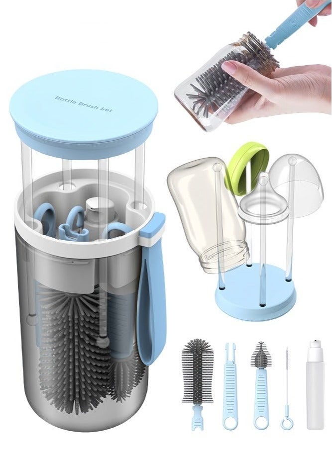 DOOKOO Baby Bottle Brush Set with Extendable Silicone Bottle Brush, Pacifier Brush, Drying Rack, Straw Cleaner Brush, Soap Dispenser, Suitable for Home, Travel, and Family Visits, Blue - Image 1