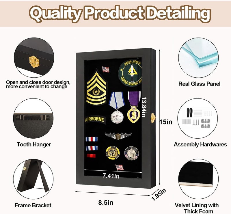 Verani 8.5 x15 Pin Display Case with Real Glass Door Frame Bracket for Military Medals, Beach Tags, Jewelry Pins, Pin Gift, Insignia Ribbons, Pin Enthusiast Collectibles, Black - Image 3
