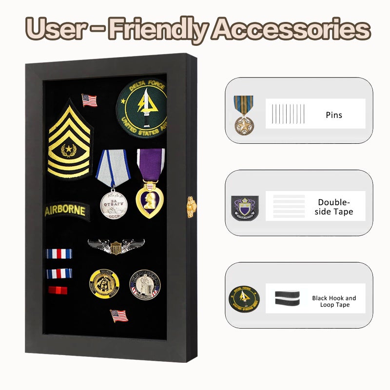 Verani 8.5 x15 Pin Display Case with Real Glass Door Frame Bracket for Military Medals, Beach Tags, Jewelry Pins, Pin Gift, Insignia Ribbons, Pin Enthusiast Collectibles, Black - Image 4