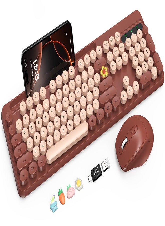 SABLUTE Wireless Keyboard and Mouse Combo, Retro Round Keycaps, Full-Size Stylish Typewriter Keyboard with Phone/Tablet Holder, Ergonomic Mouse with 3-Level DPI, 2.4GHz Connection for Windows/PC (Burgundy) - Image 1