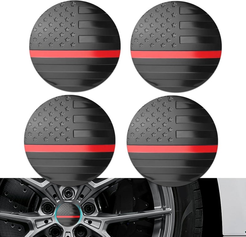 HEVLE 4PCS American Flag Wheel Center Caps, Center Caps for Rims, Car Wheel Center Rims Stickers Decals, Automotive Exterior Accessories Waterproof & Rustproof Wheel Hub Cap for Car (Black red) - Image 1