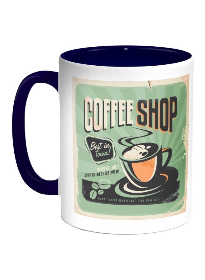 RYN Old Coffee Shop Printed Coffee Mug Dark Blue/White/Green 11ounce