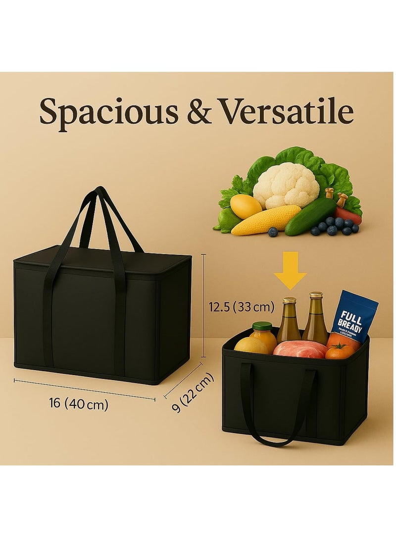 GUDOO عبوتان، أكياس تسوق معزولة بحجم XL كبير، باللون الأسود، قابلة لإعادة الاستخدام، مزودة بسحاب حراري، قابلة للطي، حقيبة تبريد، لنقل الطعام الساخن والبارد، مناسبة للتخييم وتوصيل البقالة والتخزين في الفريزر. - Image 3