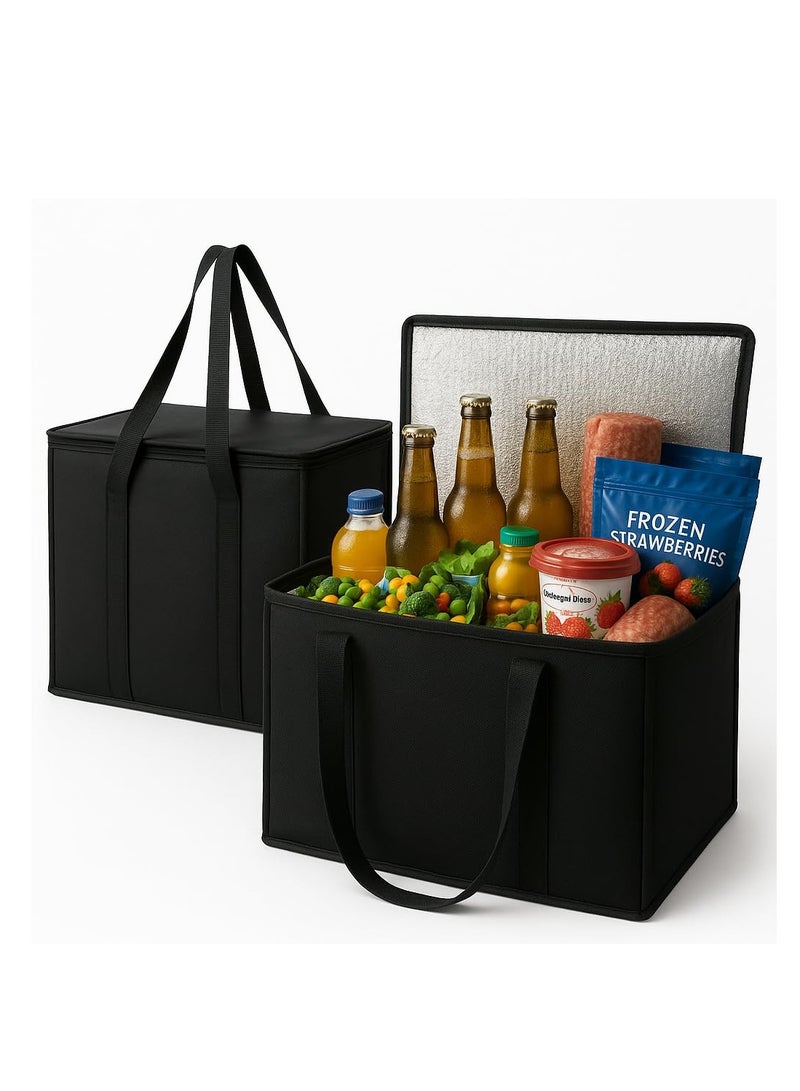 GUDOO عبوتان، أكياس تسوق معزولة بحجم XL كبير، باللون الأسود، قابلة لإعادة الاستخدام، مزودة بسحاب حراري، قابلة للطي، حقيبة تبريد، لنقل الطعام الساخن والبارد، مناسبة للتخييم وتوصيل البقالة والتخزين في الفريزر. - Image 1