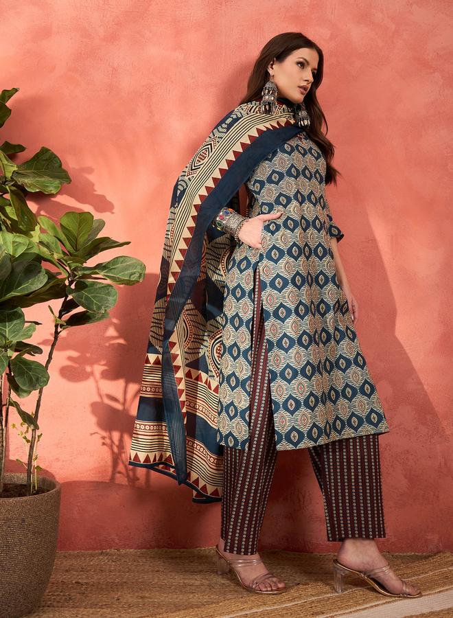 SASSAFRAS Navy Geometric Print V-Neck Kurta with Pencil Pants and Dupatta Set - Image 3