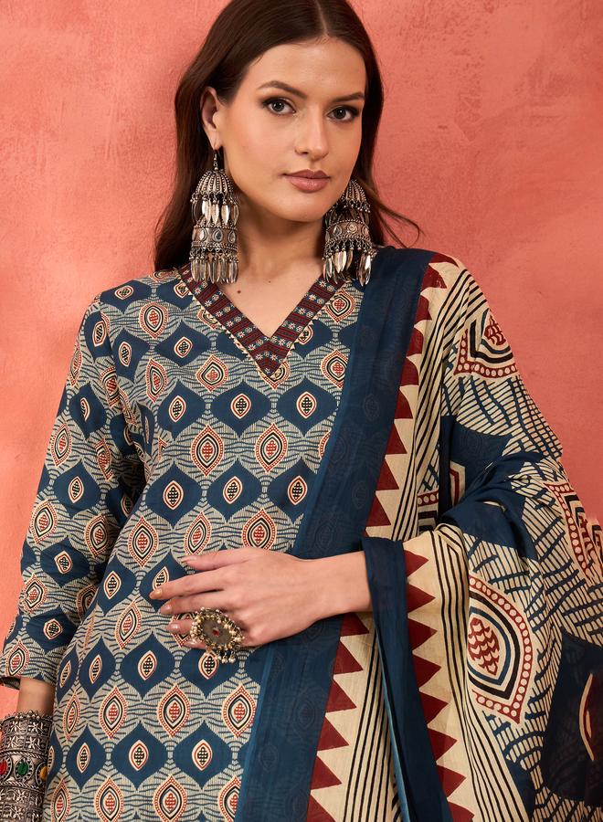 SASSAFRAS Navy Geometric Print V-Neck Kurta with Pencil Pants and Dupatta Set - Image 5