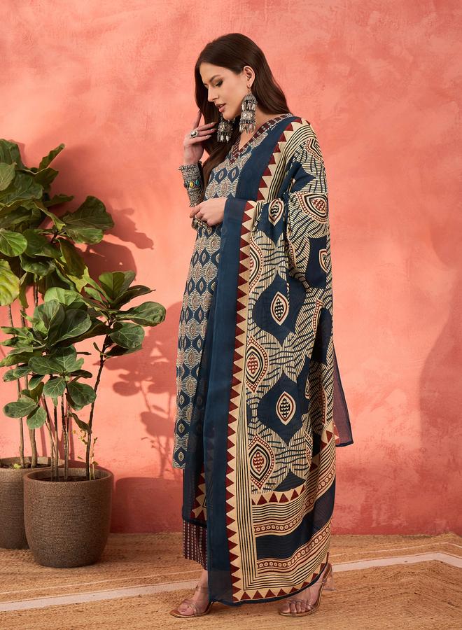 SASSAFRAS Navy Geometric Print V-Neck Kurta with Pencil Pants and Dupatta Set - Image 4