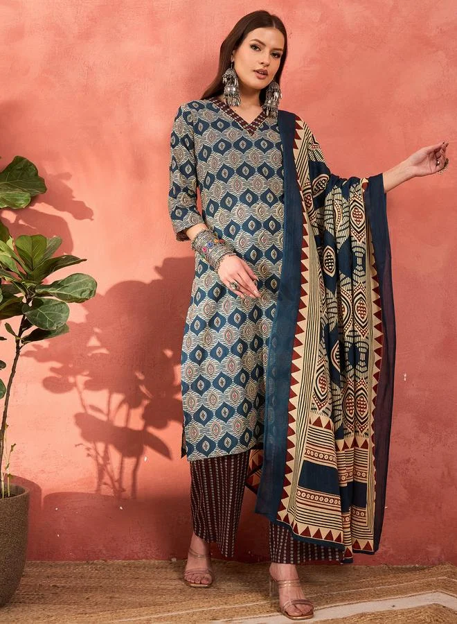SASSAFRAS SASSAFRAS Navy Geometric Print V-Neck Kurta with Pencil Pants and Dupatta Set