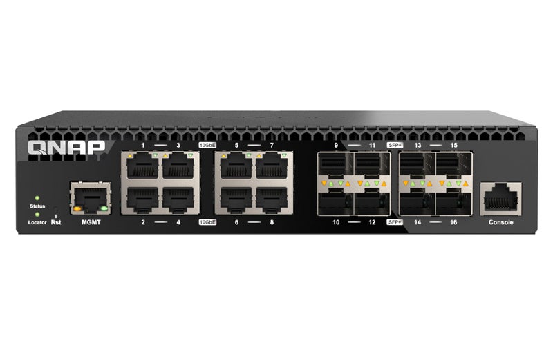 QNAP 16-Port Half-Width Rackmount 10GbE Managed Network Switch (QSW-M3216R-8S8T-US). Layer 2, Web Management - Image 1