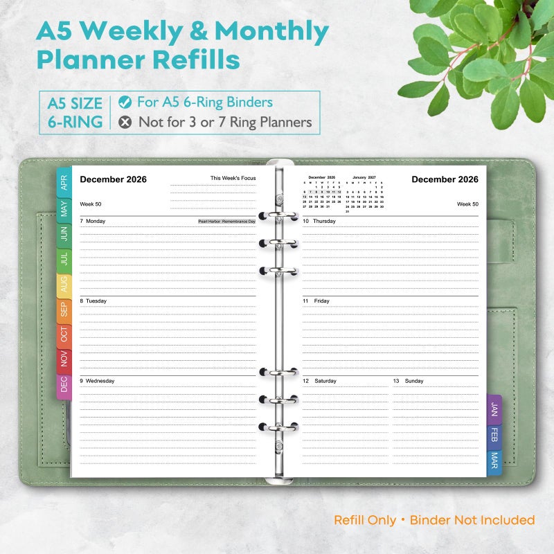 OMEYA 2026-2027 Weekly & Monthly Planner Refills: A5 18 Months Planner Inserts for 6-Ring Binders, Apr 2026 -Sept 2027, 100gsm Thick Paper, 6-Hole Punched Inserts with Colorful Monthly Tabs, 5-3/4" x 8-1/4" - Image 2