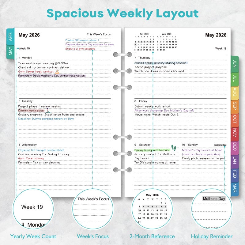 OMEYA 2026-2027 Weekly & Monthly Planner Refills: A5 18 Months Planner Inserts for 6-Ring Binders, Apr 2026 -Sept 2027, 100gsm Thick Paper, 6-Hole Punched Inserts with Colorful Monthly Tabs, 5-3/4" x 8-1/4" - Image 4