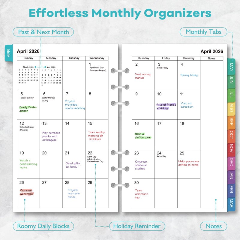OMEYA 2026-2027 Weekly & Monthly Planner Refills: A5 18 Months Planner Inserts for 6-Ring Binders, Apr 2026 -Sept 2027, 100gsm Thick Paper, 6-Hole Punched Inserts with Colorful Monthly Tabs, 5-3/4" x 8-1/4" - Image 3