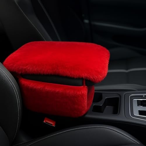 I3DIDEA Fluffy Car Armrest Cover with Side Pockets Plush Fuzzy Fur Center Console Armrest Cushion Pad Universal Winter Car Interior Protector Soft Arm Rest Cover with Storage for Women Men RED - Image 1