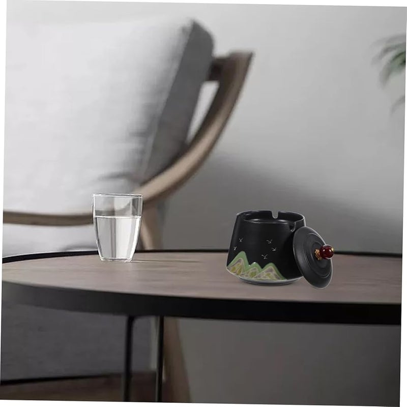 منفضة سجائر خزفية يدوية الطلاء ريفية مقاومة للرياح مع غطاء عديمة الدخان للاستخدام الداخلي والخارجي - Image 4