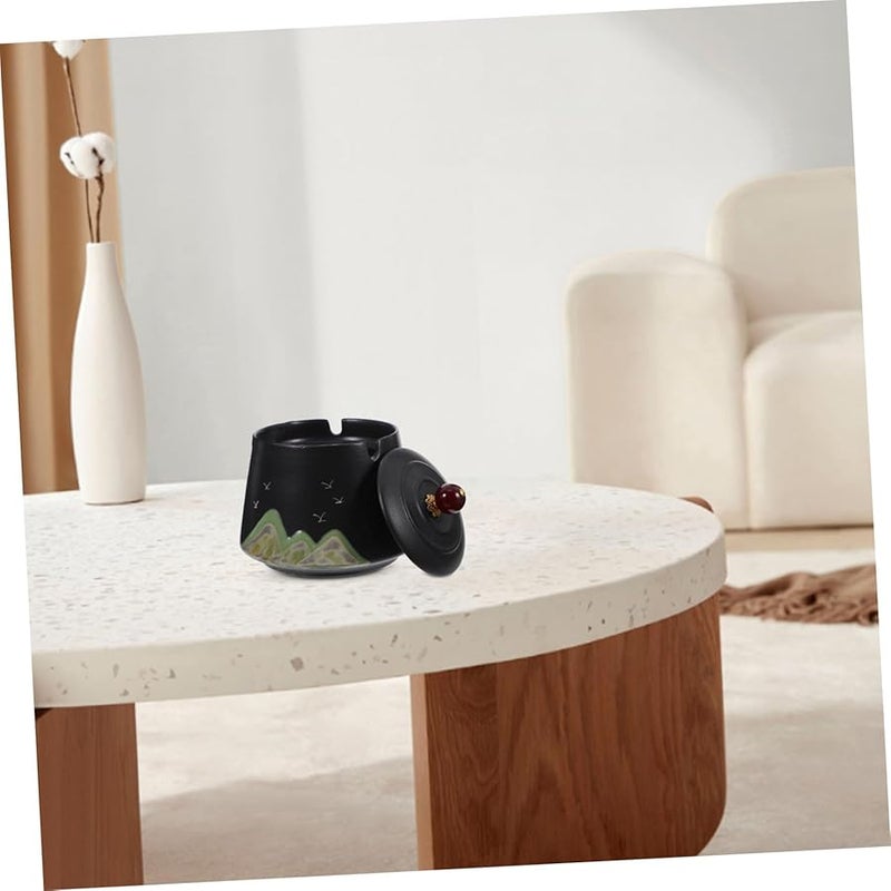 منفضة سجائر خزفية يدوية الطلاء ريفية مقاومة للرياح مع غطاء عديمة الدخان للاستخدام الداخلي والخارجي - Image 5