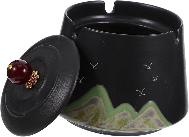 منفضة سجائر خزفية يدوية الطلاء ريفية مقاومة للرياح مع غطاء عديمة الدخان للاستخدام الداخلي والخارجي - Image 1