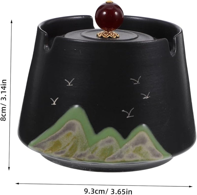 منفضة سجائر خزفية يدوية الطلاء ريفية مقاومة للرياح مع غطاء عديمة الدخان للاستخدام الداخلي والخارجي - Image 2