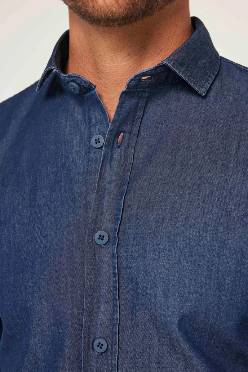 Tudors Slim Fit Long Sleeve Narrow Cut Italian Collar 4 Season Plain Denim Navy Blue Men's Shirt