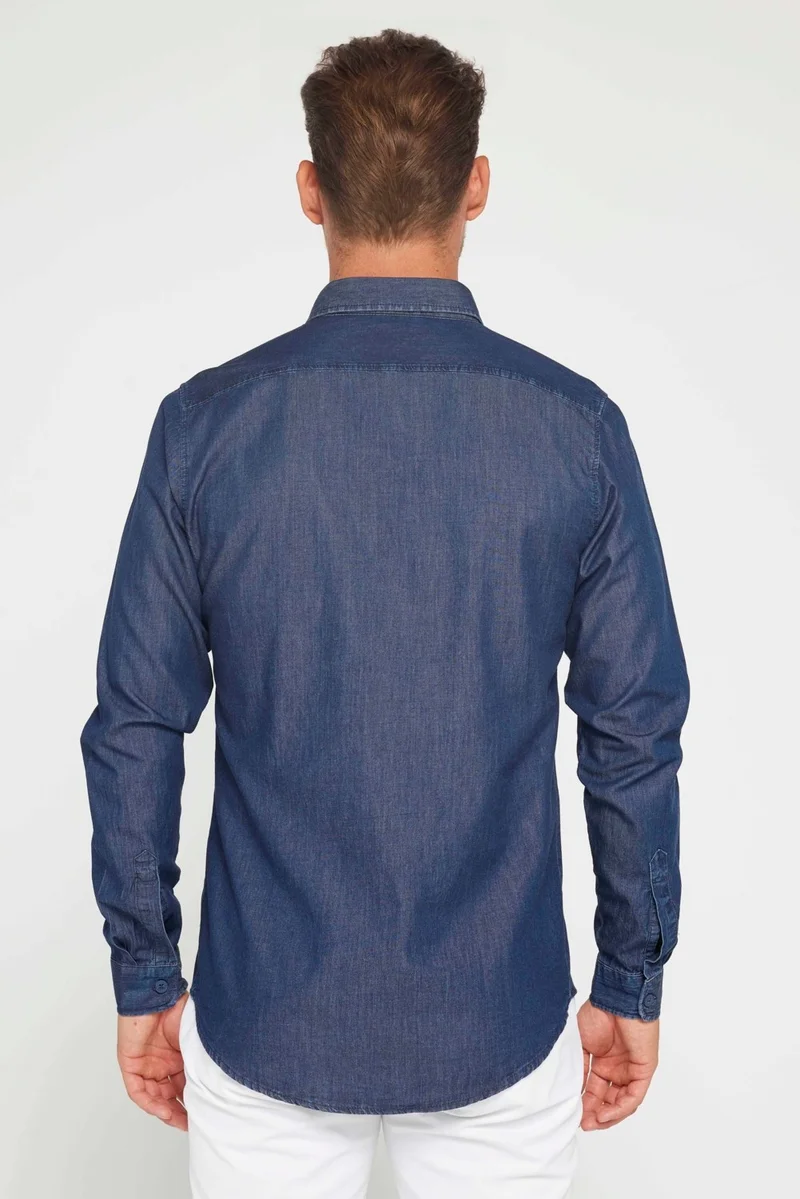 Tudors Slim Fit Long Sleeve Narrow Cut Italian Collar 4 Season Plain Denim Navy Blue Men's Shirt