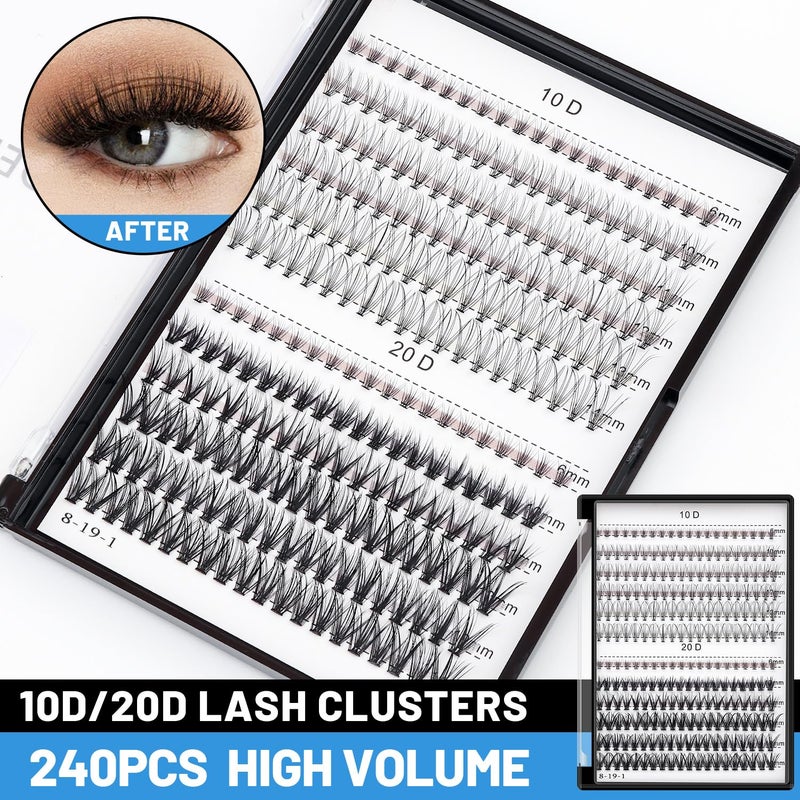 Bodermincer 10D 20D 240pcs Cluster Eyelash Extensions 10-11-12-13-14mm MixedEyelash Clusters Lash Extension Individual Lashes for Self Application (10D+20D, 10-11-12-13-14mm Mixed) - Image 2