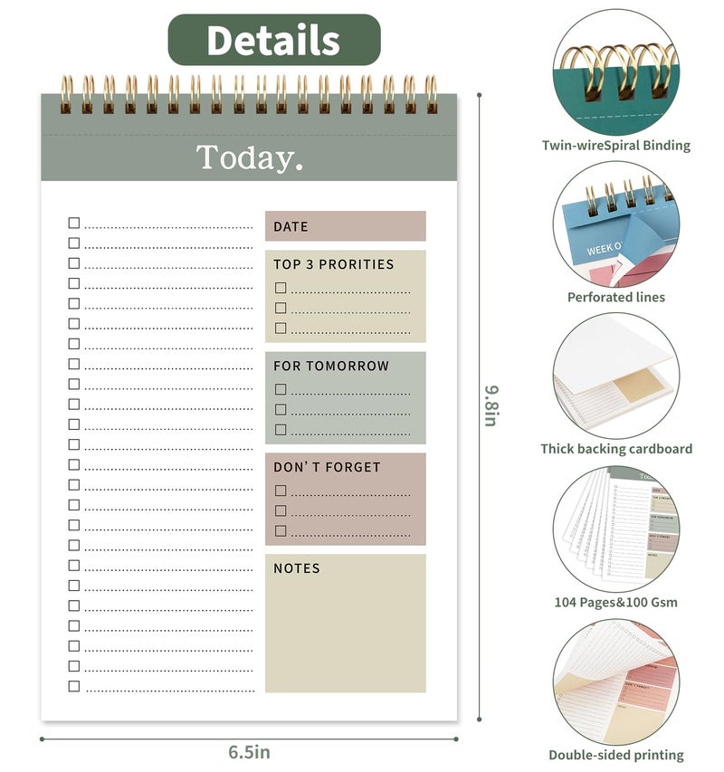 ALKALO 104 Pgs To Do List Notepad, 52 Undated Sheets Duplex-printed Daily Planner For Work Home School Office Desk Accessories Supplies & Goal Setting Tasks -Green - Image 3
