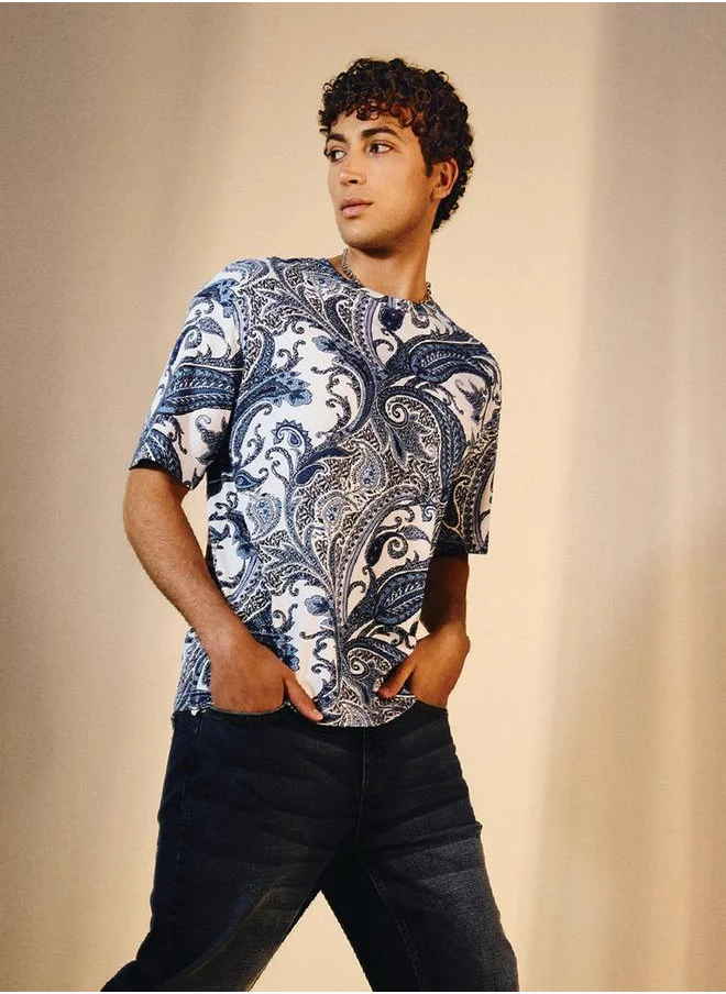 ايكونيك Iconic Paisley Print Crew Neck T-shirt