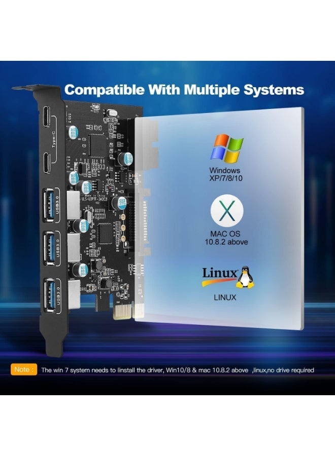 PCIe x1 to USB 3.0 Expansion Card with 3 USB-A, 2 USB-C and Internal 19-Pin Header, 5Gbps Adapter for Desktop Computers - Image 4