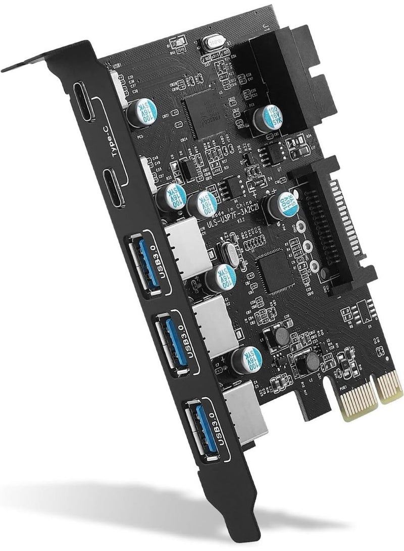 PCIe x1 to USB 3.0 Expansion Card with 3 USB-A, 2 USB-C and Internal 19-Pin Header, 5Gbps Adapter for Desktop Computers - Image 1