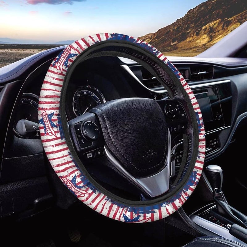 Steering Wheel Cover, 15in Universal Fit for Most Cars - American Flag Patriotic Series, Non-Slip Black Steering Wheel Wrap for Men & Trucks (Linear Liberty) - Image 1