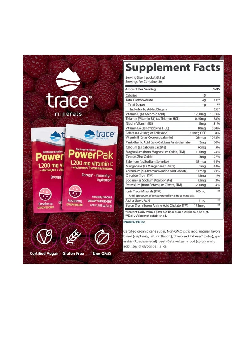 Trace Minerals Research - Raspberry Electrolyte Powder 1200mg vitamin C 30 packets 6.5oz 183g - Image 1