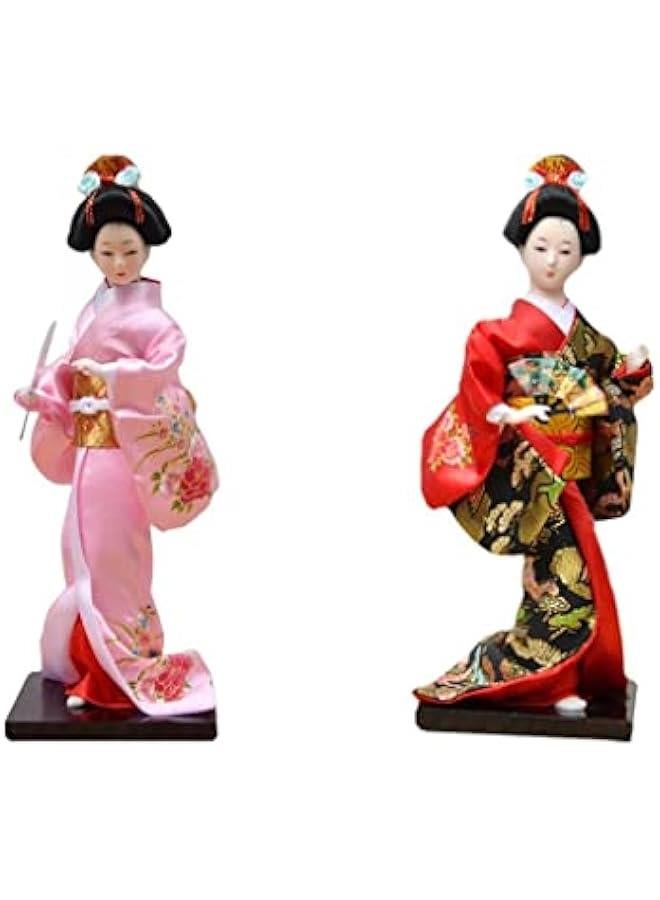 2X 27cm Japanese Kimono Geisha Doll, Oriental Ancient Resin Figurine Handcrafted for Desk Restaurant Office Bookshelf Decoration, Red Pink - Image 1