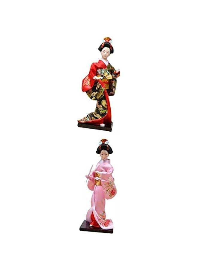 2X 27cm Japanese Kimono Geisha Doll, Oriental Ancient Resin Figurine Handcrafted for Desk Restaurant Office Bookshelf Decoration, Red Pink - Image 2