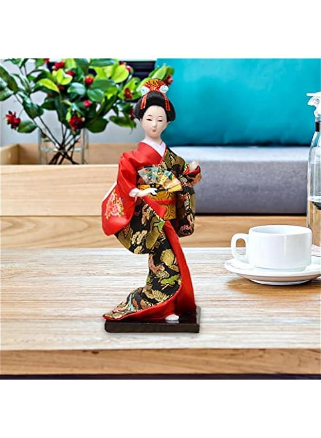 2X 27cm Japanese Kimono Geisha Doll, Oriental Ancient Resin Figurine Handcrafted for Desk Restaurant Office Bookshelf Decoration, Red Pink - Image 3