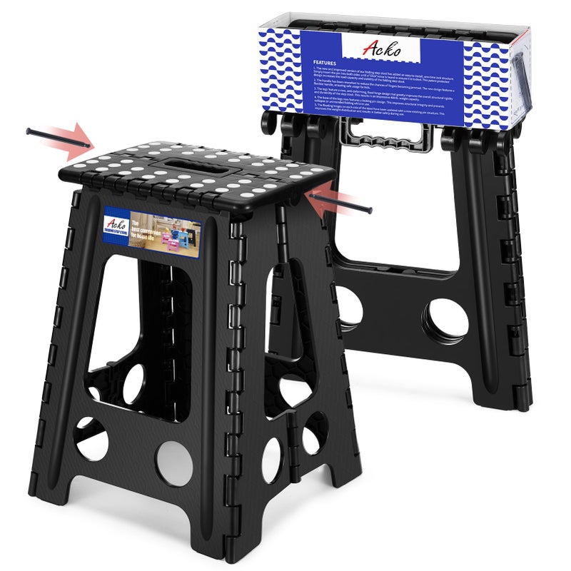 ACKO Folding Step Stool Foldable 175 Inch 400 lbs Capacity Plastic Stools for Adults and Kids Collapsible Stools for Kitchen Stepping Stool with Handle Black
