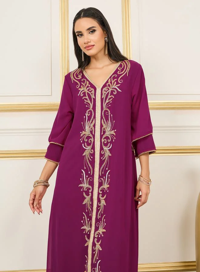 ستايلي Handwork Beaded Detail Lace Embroidered Kaftan with Layered Sleeves