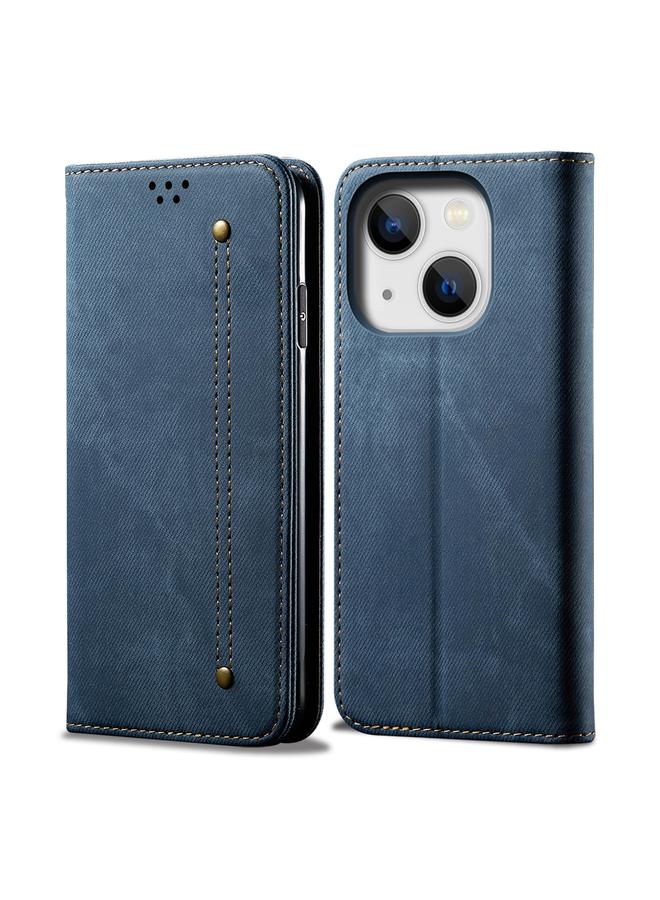 اس-توب جراب جلدي بتصميم كاجوال وملمس جينز لهاتف iPhone 15 Plus قابل للطي أفقيًا - Image 1