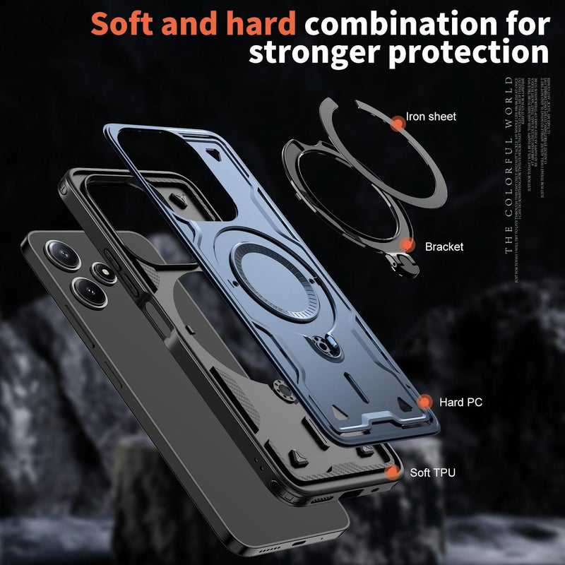 erorex For Redmi 12 5G PC Hybrid TPU Armor MagSafe Ring Holder Phone Case(Blue) - Image 5