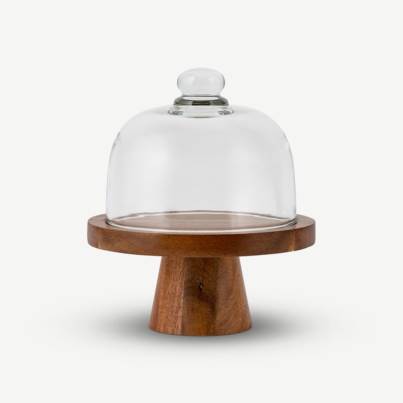 OC HOME حافظة كعكة ديانا - زجاج شفاف مع قاعدة خشبية