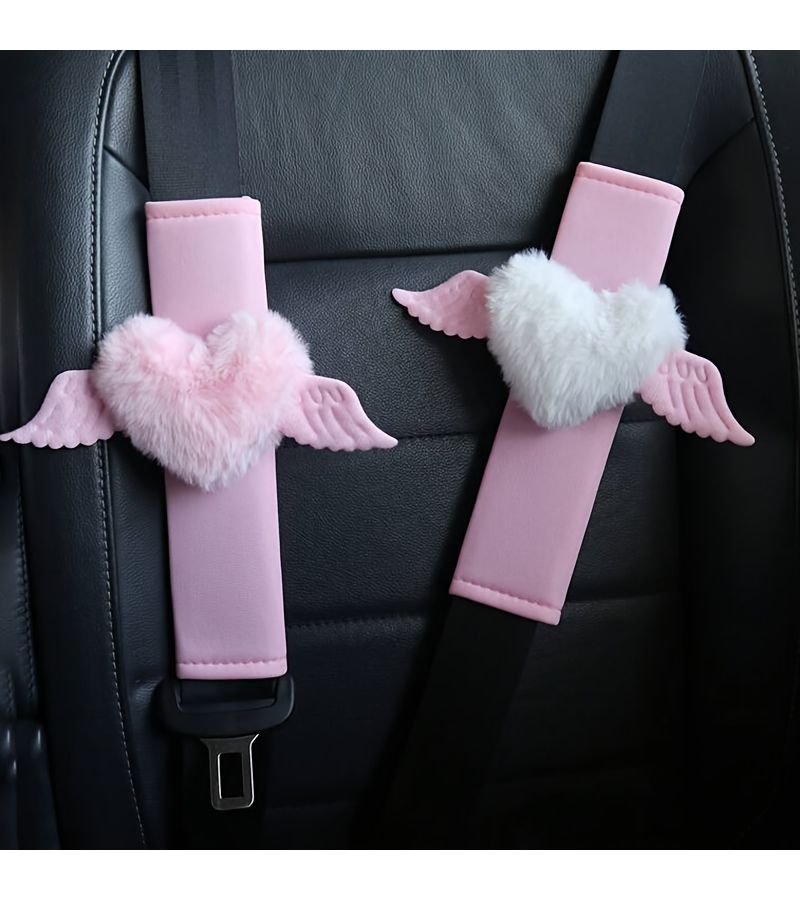 Soft Plush Love Wings Seat Belt Cover 2pcs Pink Cute Breathable Shoulder Pad - Image 2
